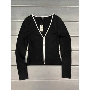 Express Body Contour Button Down Cardigan Womens Medium Black White Trim Y2K NWT